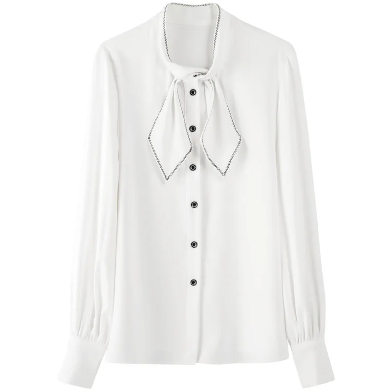 

2021 spring new professional women's color contrast temperament commuting OL solid color shirt bow long-sleeved chiffon shirt