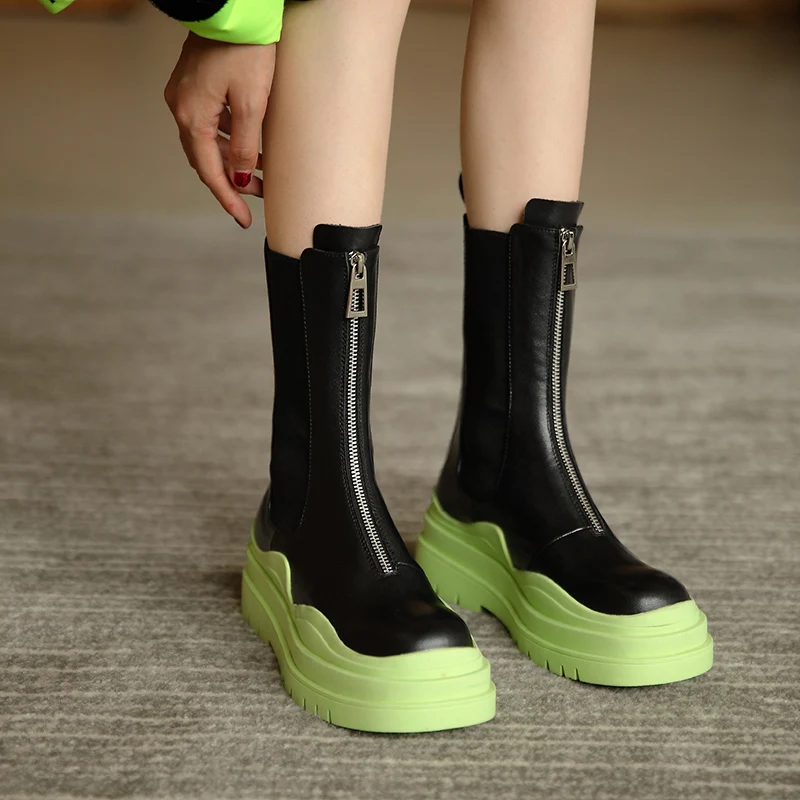 

QZYERAI Fashion Platform Women Short Boots Thick Sole Real Leather Chelsea Boots New Mixed Color Autumn