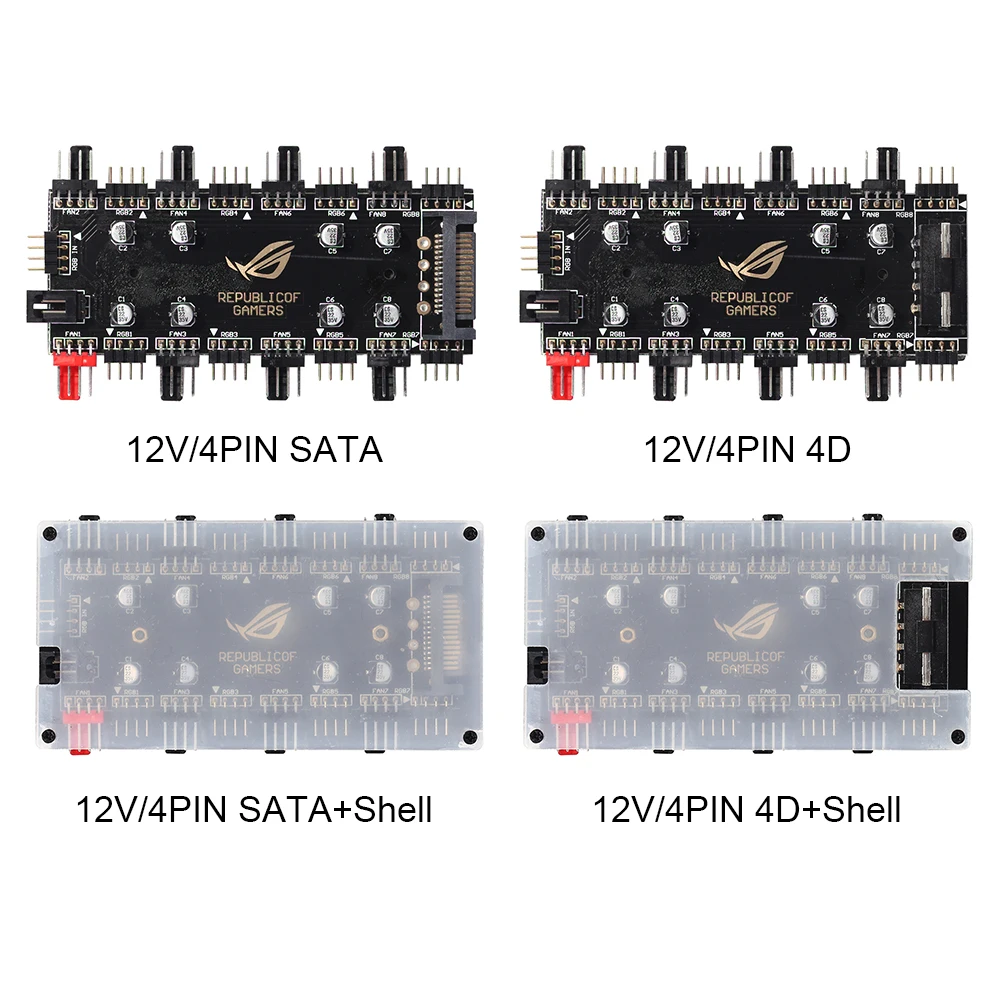 

1 To 8 Way RGB PWM Fan HUB 5V 3PIN/12V 4PIN PWM Cooler Fan HUB Splitter SATA/4D Power Supply LED Strip Light Adapter Controller