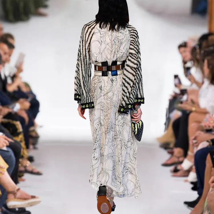 

Women Runway Fashion 2021 High Quality Spring Summer Elegant Flower Print Wiast Elastic Long Party Dress