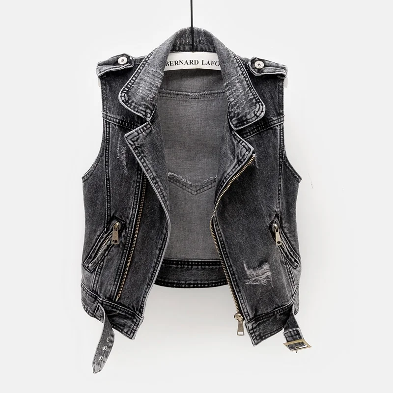 

Streetwear Fashion Moto Biker Denim Vest Women Black Gray Blue Waistcoat Loose Short Sleeveless Jacket Frayed Jeans Vest Female