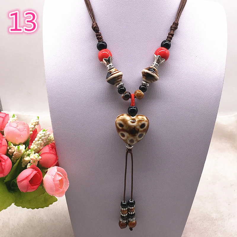 13 Модное этническое ювелирное изделие, традиционные украшения ручной работы, плетение восковой веревки, керамическое ожерелье, длинное ожерелье из керамических бусин - Окраска металла: 13
