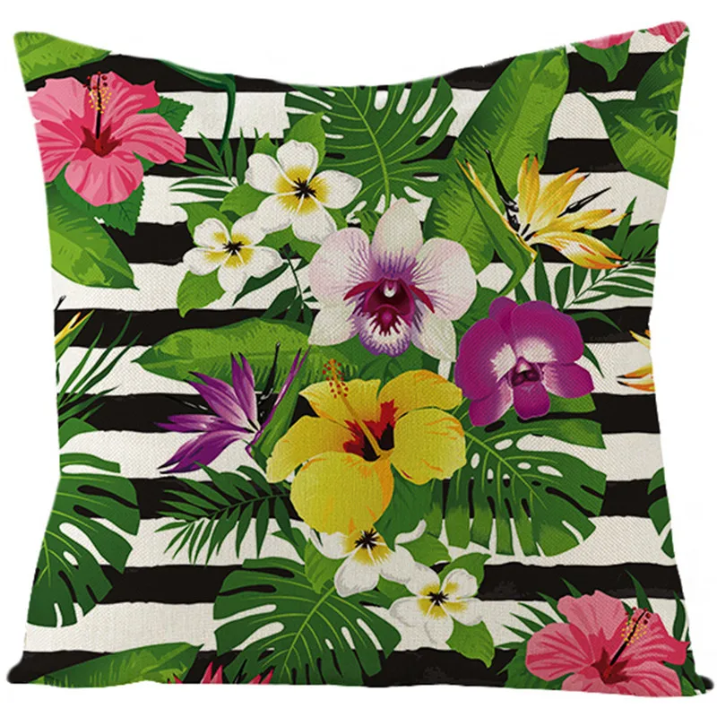

Fuwatacchi Nature Plant Pure Linen Cushion Cover Colorful Flowers Palm Leaves Throw Pillow Cover Pink Red Flowers Pillowcases
