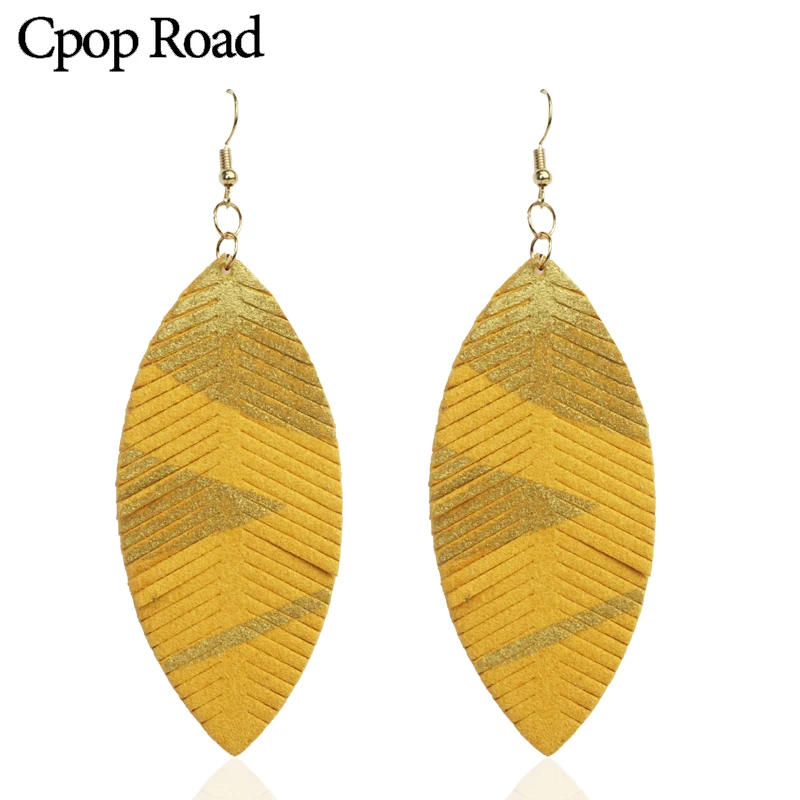 Cpop новые модные висячие серьги с перьями для женщин желтым зеленым листом
