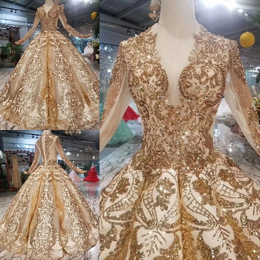 Золотистое роскошное свадебное платье ручной работы с длинным рукавом и
