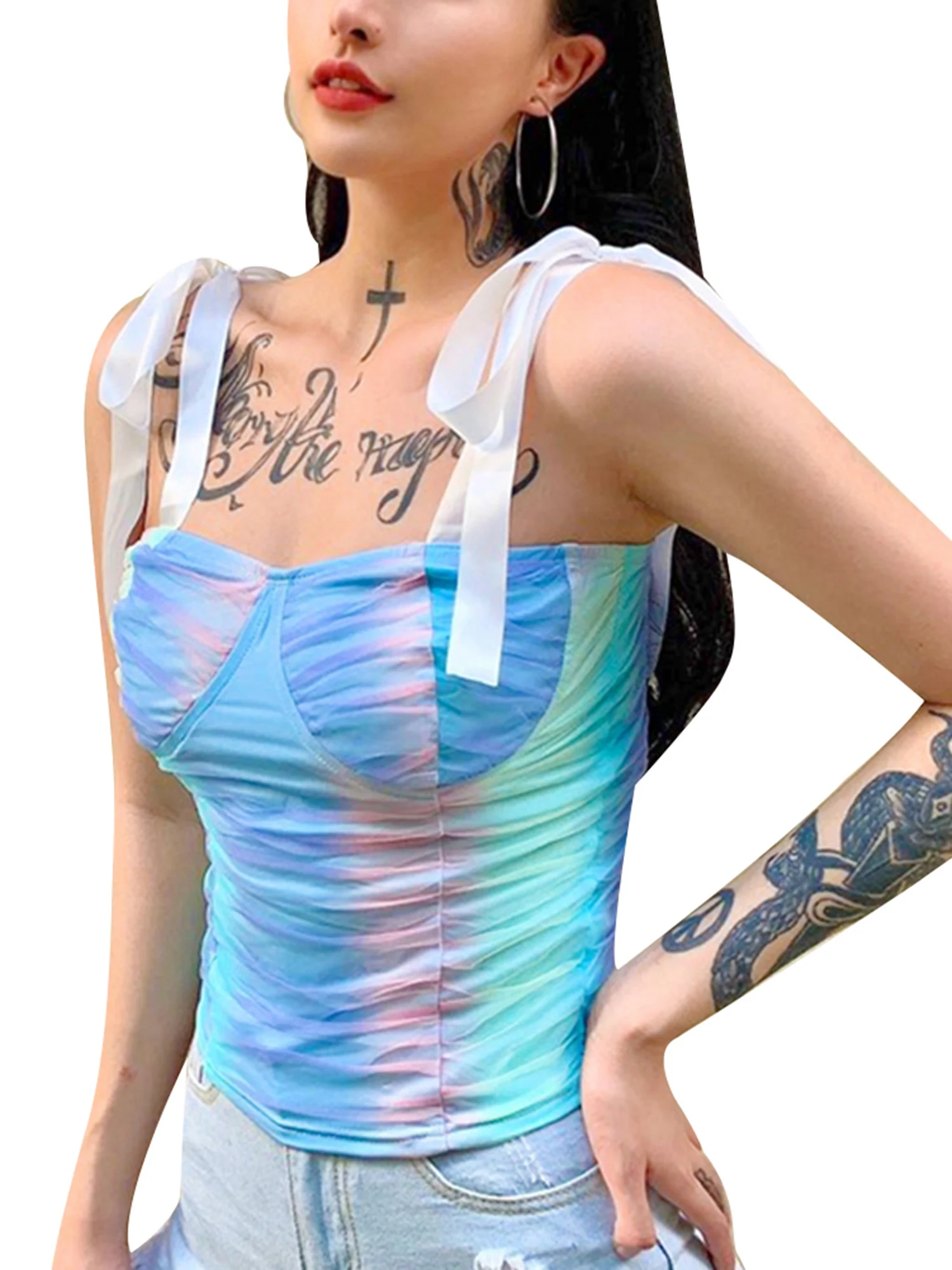 Женский бюстье с завязками на плечах синее цветное корсет фиксированным бюстом