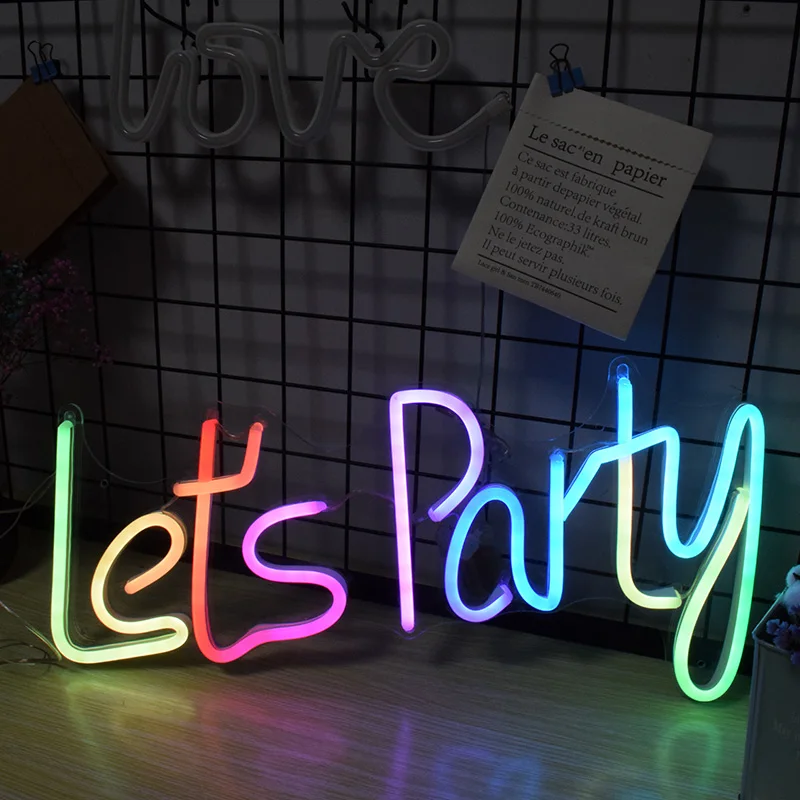 

Neon Signs Customize Light for Room Let's Party Multi Color Neon Sign Home Decoration Wall Hangings Led Lights Art Letter Decor