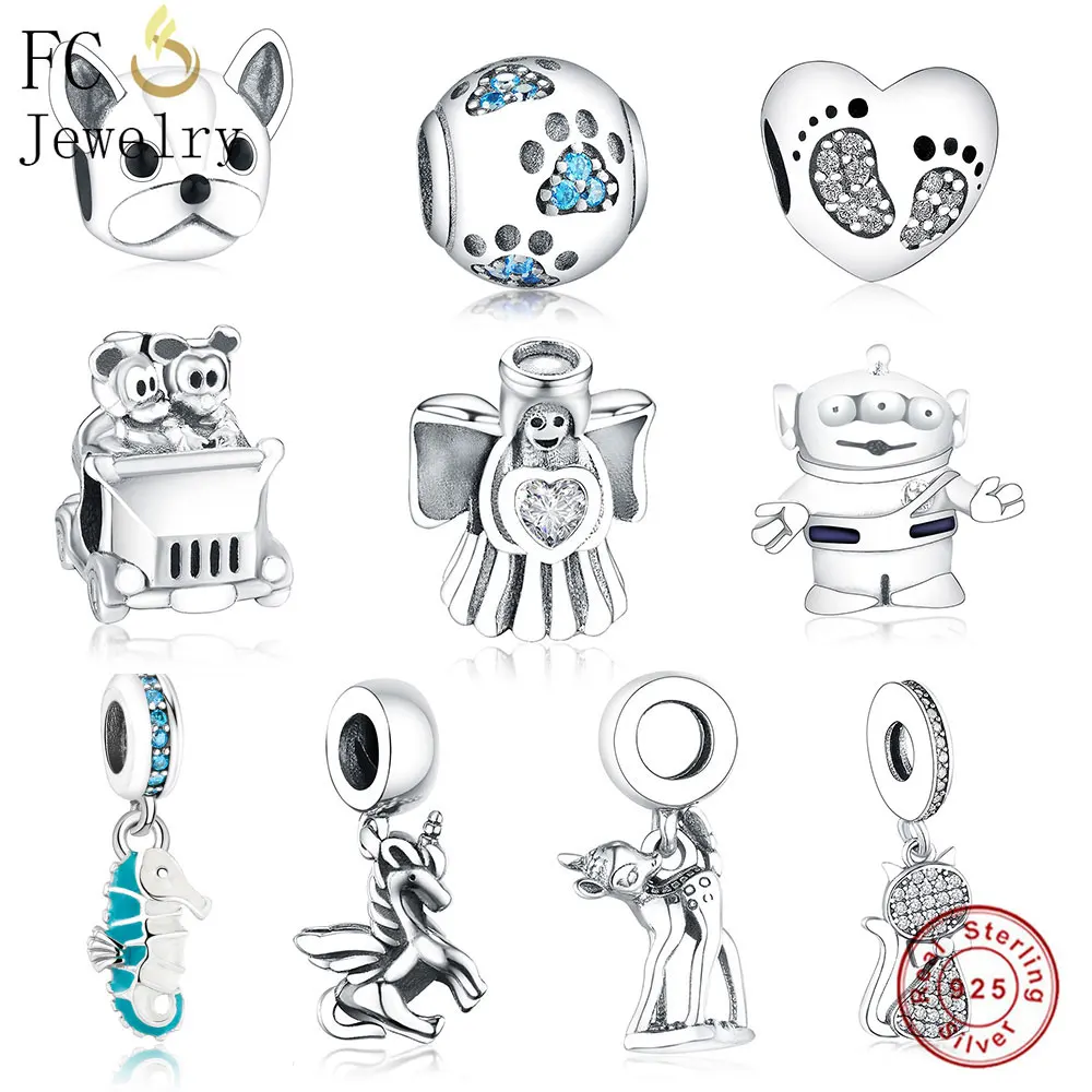 FC, ювелирное изделие, подходит для оригинала Pandora, очаровательный браслет, 925 серебро, животное, Микки, Минни, морская лошадь, синяя собака, лапа, принт, бисер, для женщин, Berloque