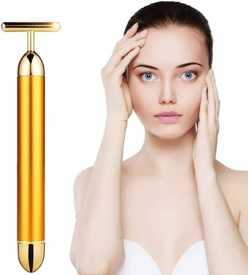 

24k золотой массажер для лица T бар электронный уход за кожей лица ролик Вибрационный массаж лифтинг лица удаления морщин Красота продукт опт...