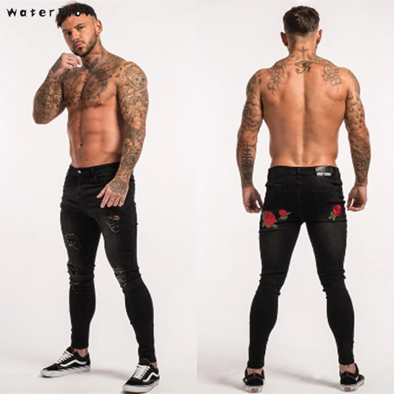 Модные мужские повседневные узкие брюки джинсы с вышивкой прямые эластичные