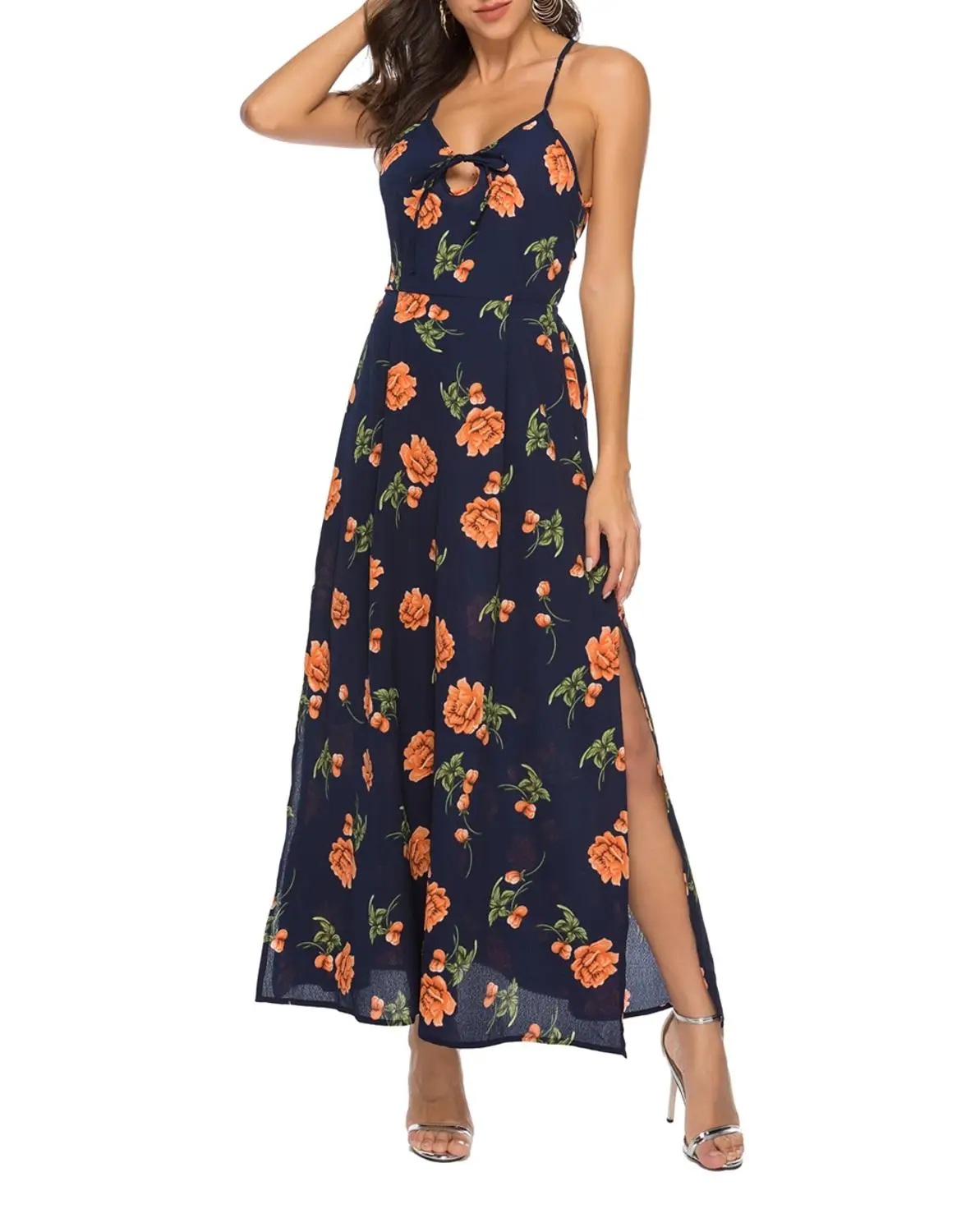 Женское летнее длинное платье с V образным вырезом и открытой спиной|Женские