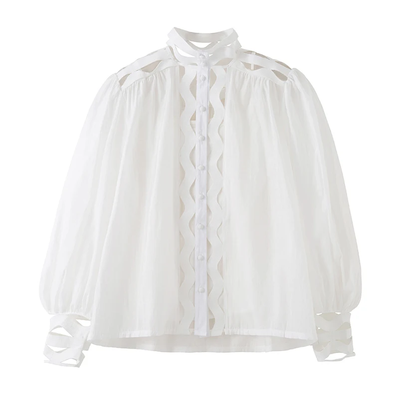 

ECRURANI Hollow Out Shirt For Women Stand Collar Lantern Long Sleeve Pullover Solid Blouses Females Fashion Clothing 2021 Summer
