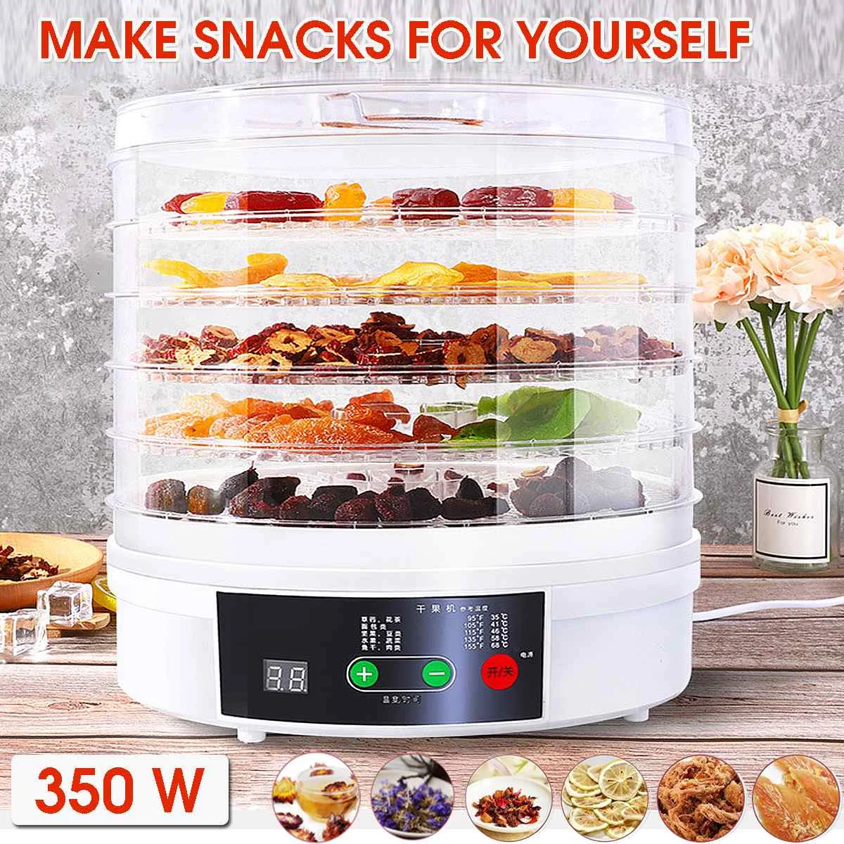 

NEW Electric Food Dehydrator for Fruits and Vegetables 350W Temperature Adjustment 5 trays Snacks Air Dryer 110/220V