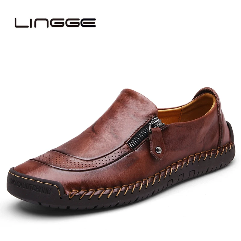 

LINGGE Comfortable Casual Leather Shoes Men Loafers Shoes Split Leather Men Shoes Flats Hot Sale Moccasins Shoes Big Size 38-48