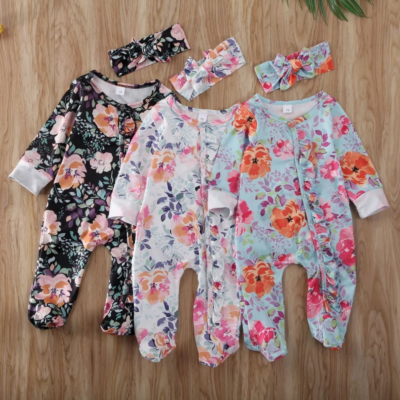 

2021 0-6M Newborn Baby Girls Clothes Autumn Spring Long Sleeve Floral Romper+Headwear Ruffles Jumpsuit Cotton Flower Cute Outfit