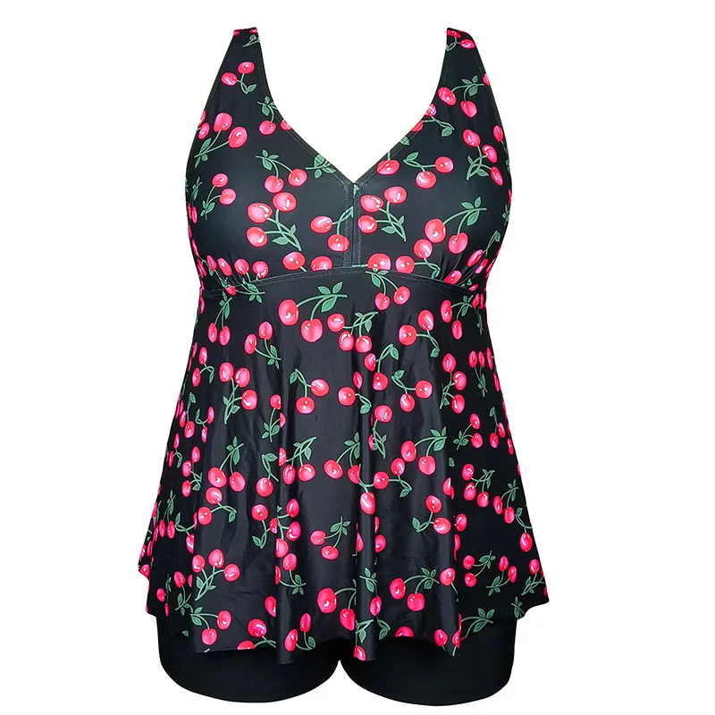 

2022 Summer Swimwear Sexy Vintage Print Monokini Cherry Swimsuit Halter Two Piece Bathing Suits with Boyshorts Plus Size XXXL