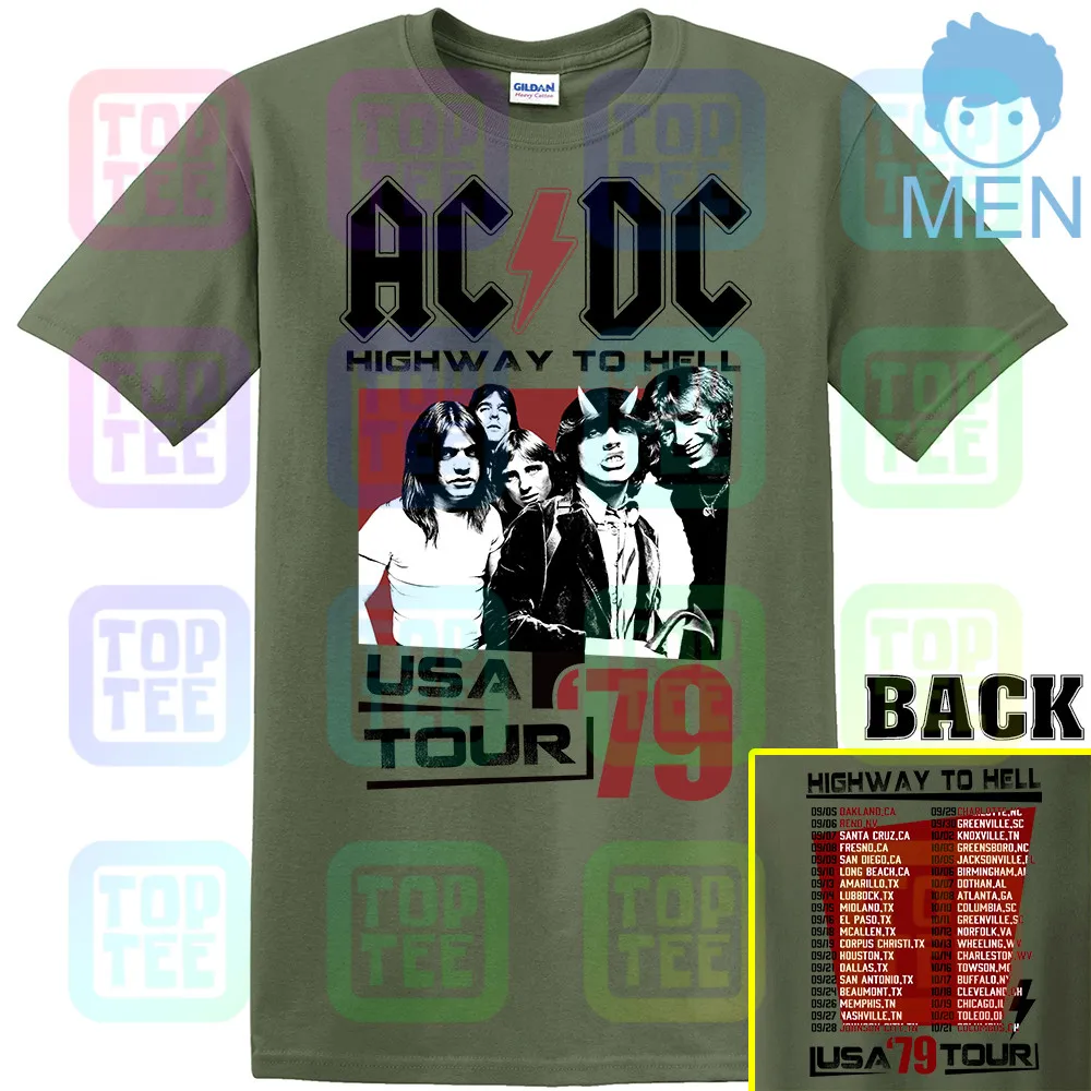MEN-ARMY GREEN ACDC Highway to Hell USA Tour 1979 Мужская футболка Винтаж Рок-Группа Альбом Мерч - Цвет: MEN-ARMY GREEN
