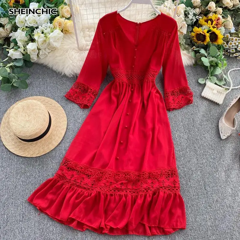 Женское винтажное кружевное платье до колен красное или белое с V-образным