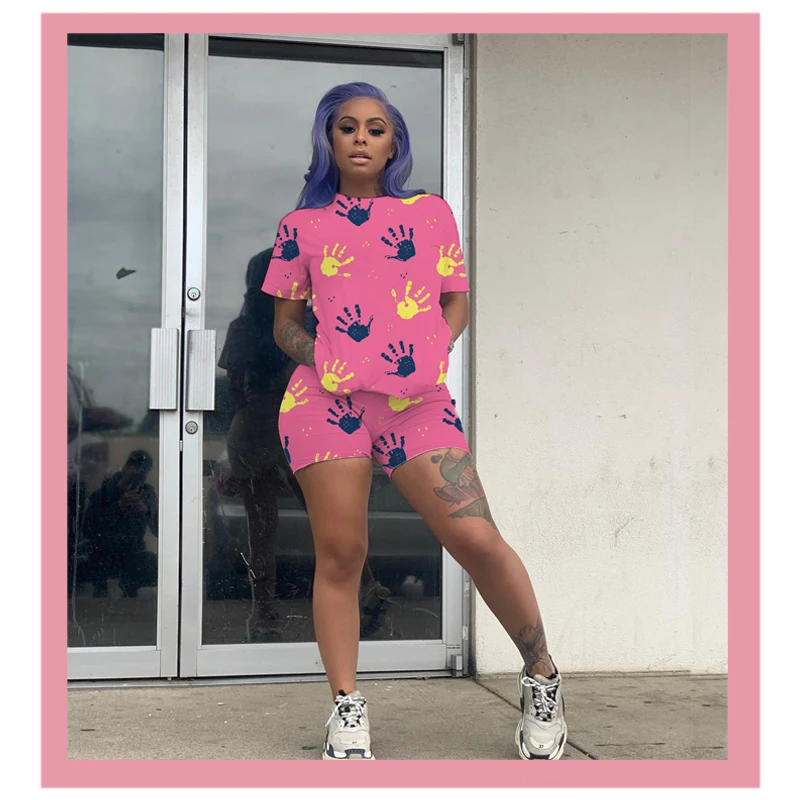 

Fashion Two Piece Sets Printed Pink Summer Shorts Sleeveless Tracksuit Women's Tops And Biker SHorts Biker Sports Suit Outfits