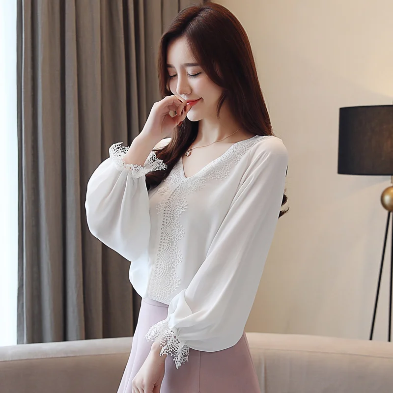 Осенние корейские модные шифоновые женские блузки кружевные белые рубашки с