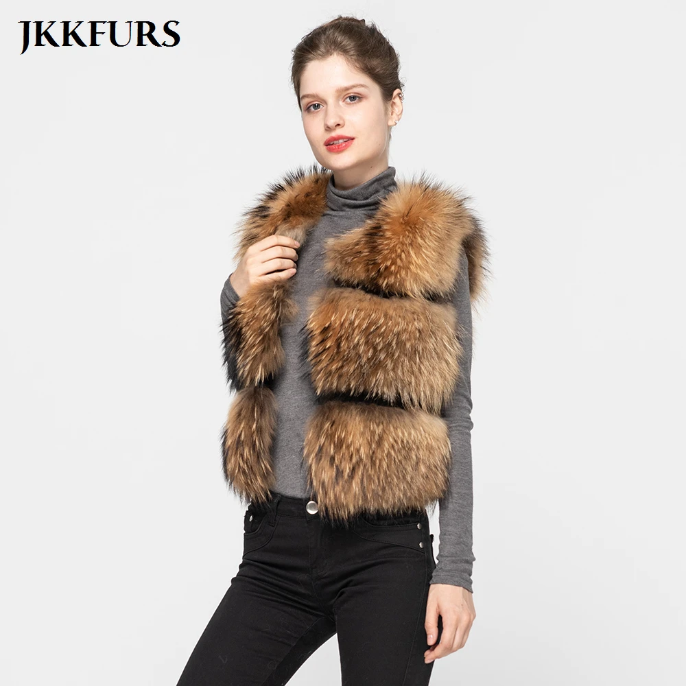 JKKFURS Модный стильный женский жилет из натурального меха енота Зимний толстый теплый модный жилет 3 ряда S1150B