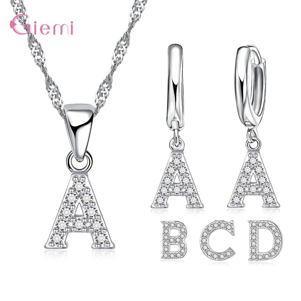 

Jewelry Sets For Women Clear AAA Zirconia Letter Necklace Chain Hoop Earrings Jewellery 925 Sterling Silver Necklace Set