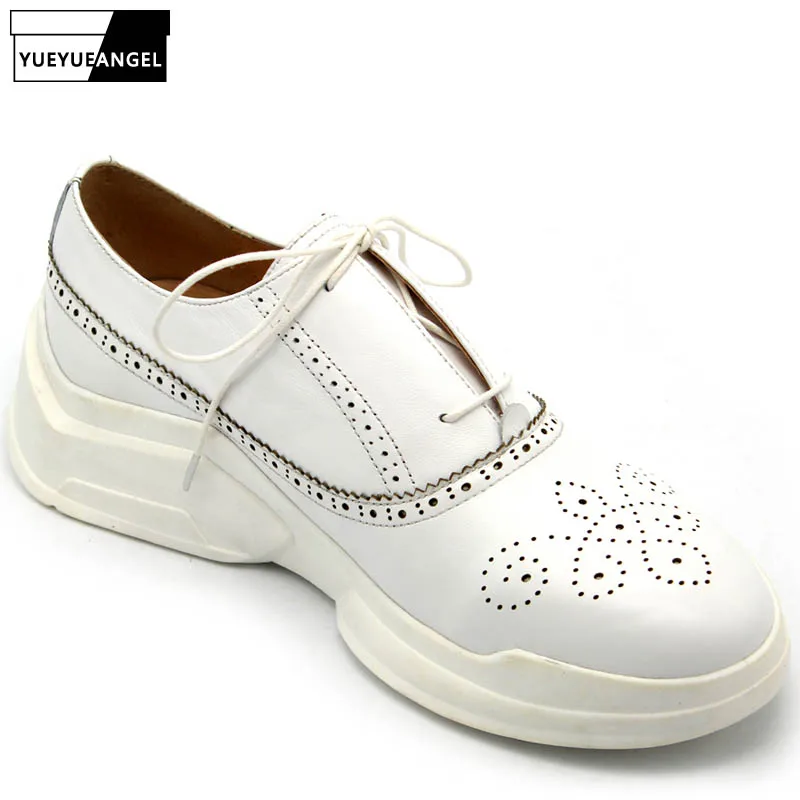 

New Fashion Men Wing Tip Brogue Shoes Tenis Sneakers Med Heels Lace Up Genuine Leather Casual High Street Platform Shoes