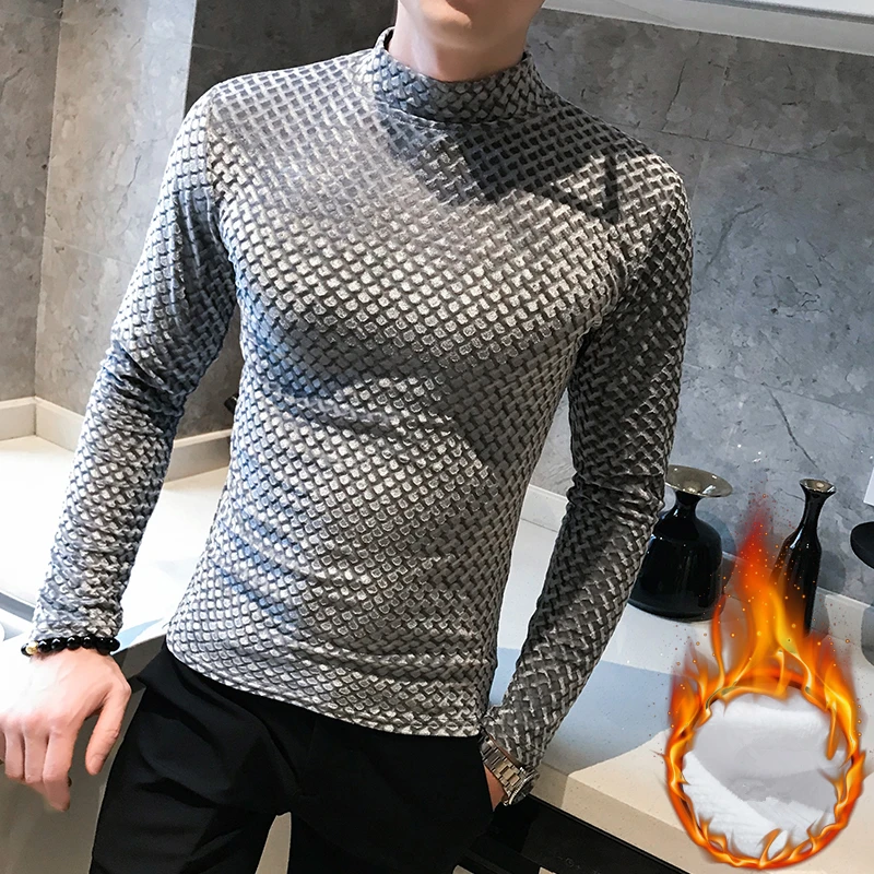 Fashion men plaid sweater long sleeve pullover winter thick warm turtleneck black casual pullover male slim fit knitted sweater