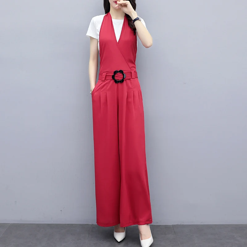 

Новинка весна-лето 2020 футболка с широкими штанинами на бретелях и комбинезон джемпер брюки комплект из двух предметов повседневная одежда ...