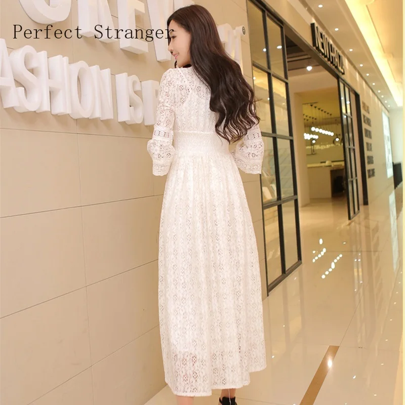 Женское длинное кружевное платье в богемном стиле с рукавом три четверти и V