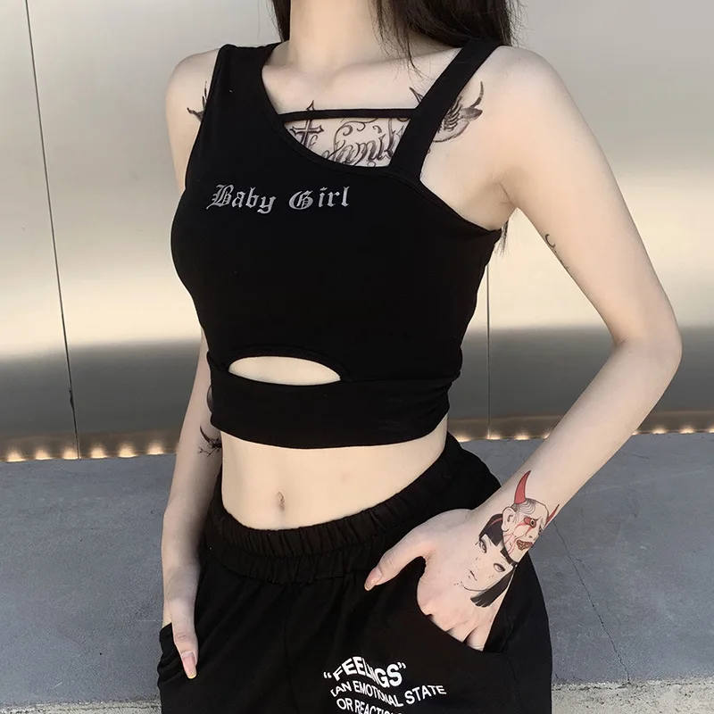 

Street Sexy Irregular Reflective Letter Print Vest Women Chic Ripped Top