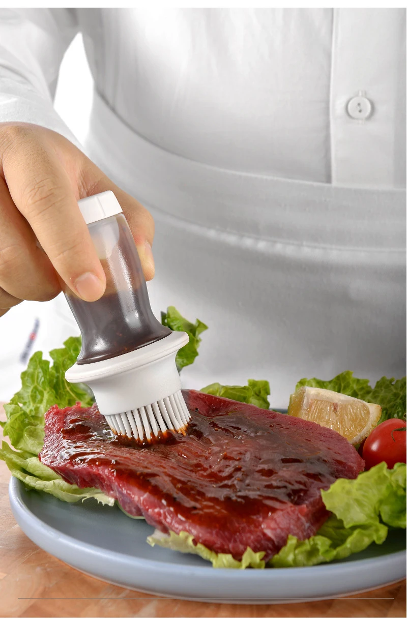 Bbq Portable Silicone Oil Bottle Baking Oil Brush Seasoning Sauce Jar With Brush Grill Salad Dressing Cooking Kitchen Gadget