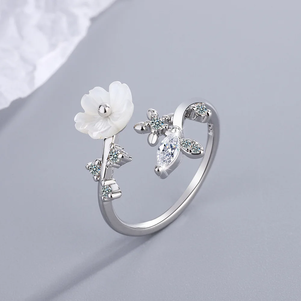 

White Zircon Cherry Blossom Branches Shell Flower 925 Stamp Open Ring Adjustable Exquisite Jewelry for Festivals Party