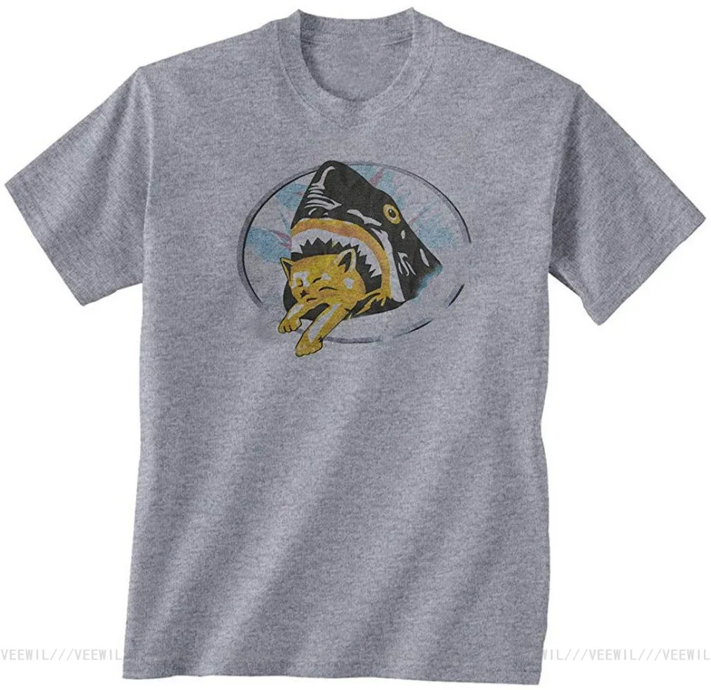 

Men's Shark Eating Kitten Cat T Shirt Men Women Gyms Fitness Tops TEE Shirt