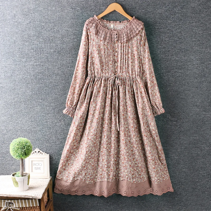 

Spring dress new women's Japan style fresh hook flower Lapel cotton linen floral dress long sleeve loose dress