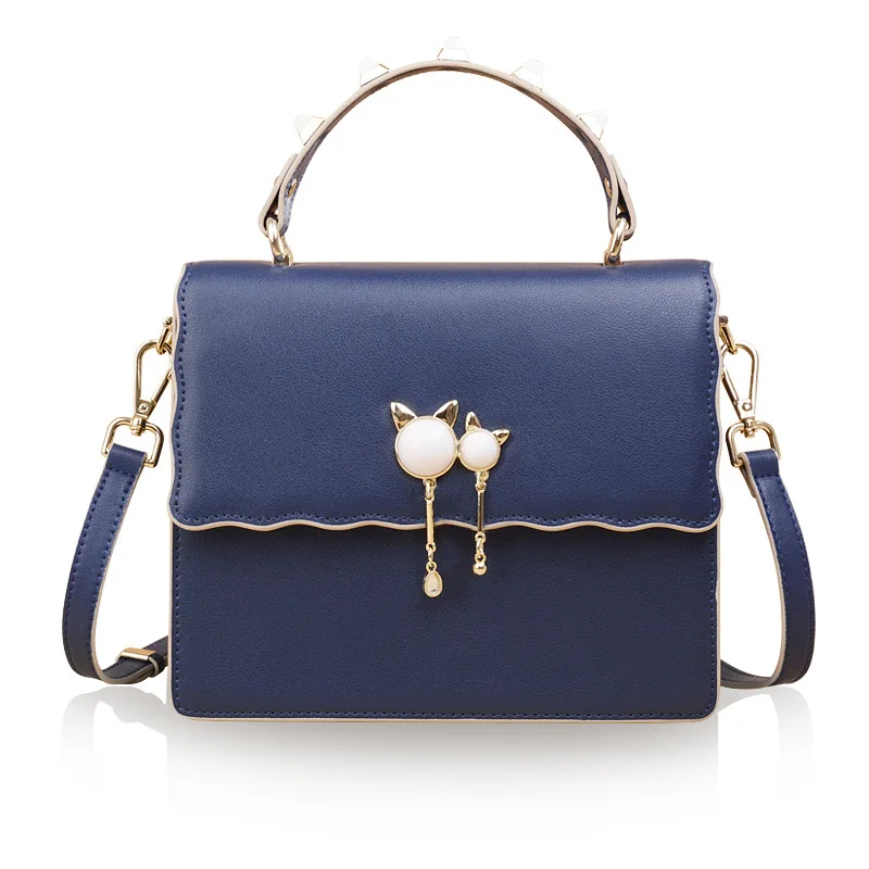 

Simplicity fashion handbag Solid color Cat pendant Genuine Leather Messenger bag women bag packet Solid color Small square bag