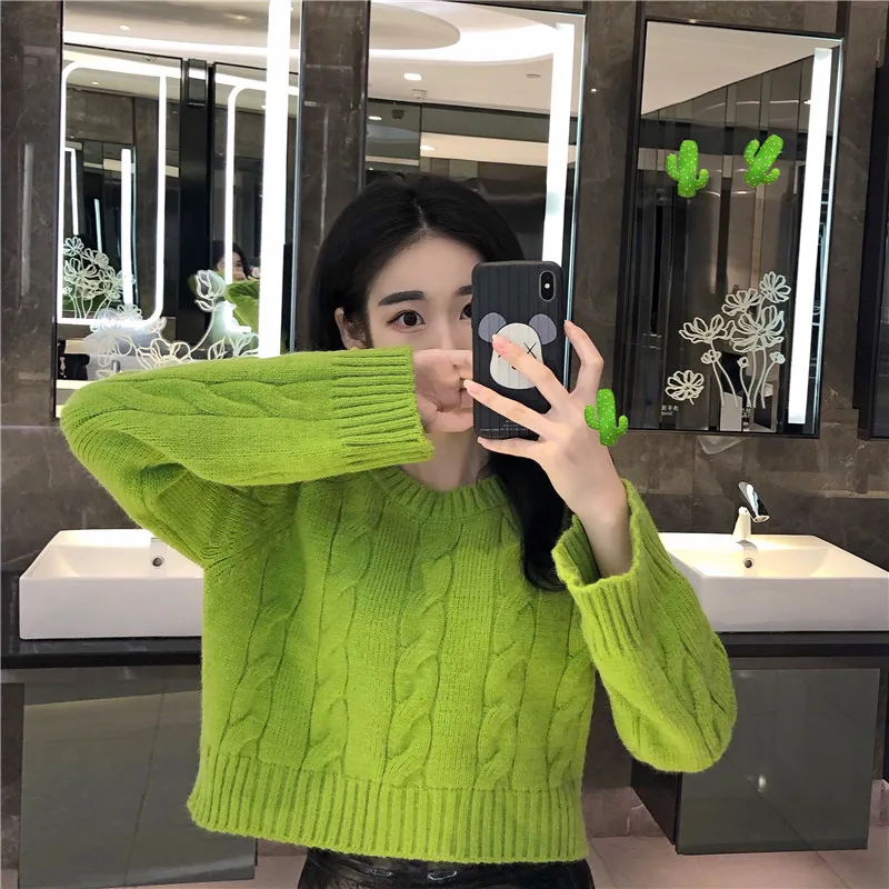 Autumn Winter New Women's Short Pullovers Sweater Twist Knitting Full Sleeve Solid Fashion Vintage Casual Tops T98506D