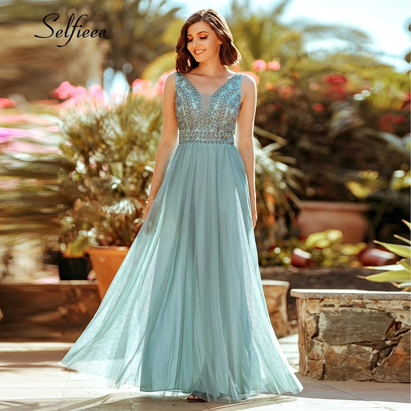 Женское вечернее платье Элегантное Длинное Тюлевое трапеция с вышивкой бисером