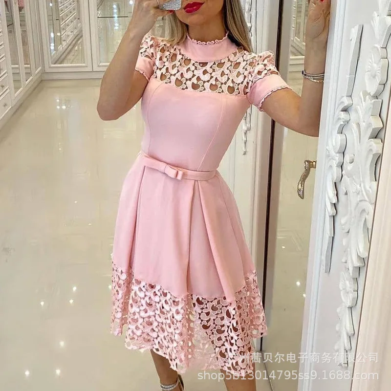 

Wepbel Women Dress Summer Commute Sweet Pink Turtleneck Short Sleeve Hollow Flower Belt Bow Pleated Long Dress