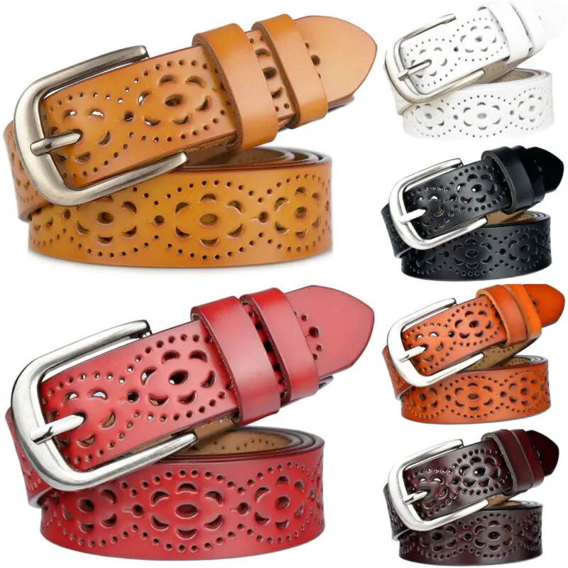 

Ladies Pin Buckle Belt Genuine Leather Belts Jeans Hollow Out Casual Waistband