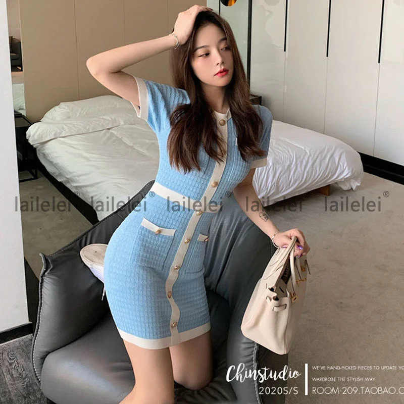 

Button Pocket Knitted Dress Bodycon Sexy Vestidos Mujer Verano 2021 Mini Dresses For Women Party Summer Black Club Harajuku Pink