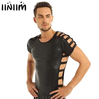 iiniim mens soft fashion party faux leather night clubwear costume cut out elastic band fashion pullover muscle t shirt tops