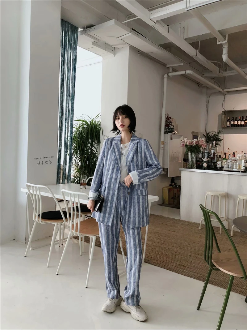 

TMODA702 Za Business Suit Women's 2021 Season New Striped Jacket Women Slim Trouser Suit Female Office Tops and Pants