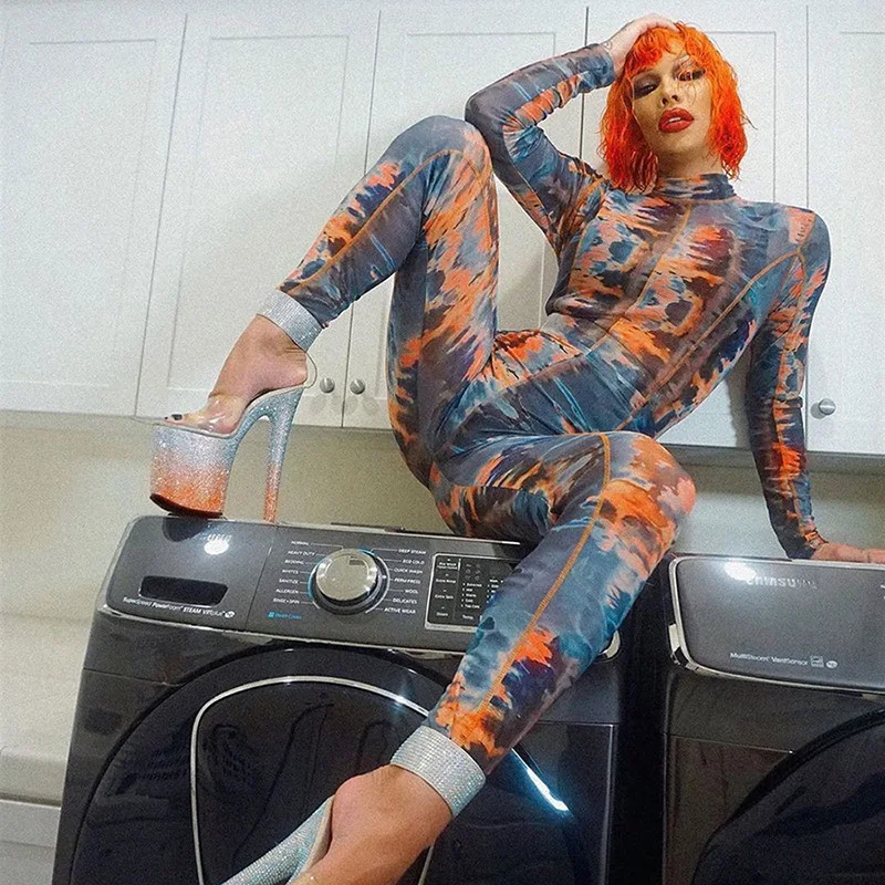 

Fashion Casual Print Jumpsuit Fitness Workout Skinny Stretchy Overalls Zipper Women Streetwear Slim Ladies Romper Autumn 2020