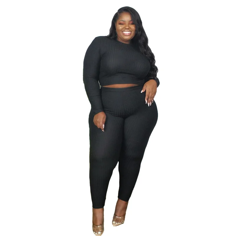 

Plus Size Two Piece Set Women Tracksuit Long Sleeve Pullover Crop Top And Pants Suit Solid Ribbed Outfits Fashion Casual Clothes