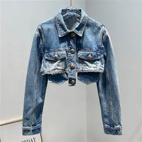 

Women Short Cropped Denim Jacket Female Decorative Buttons Double Oockets Casual Outerwear JeanCoat long-sleeved Tops Spring