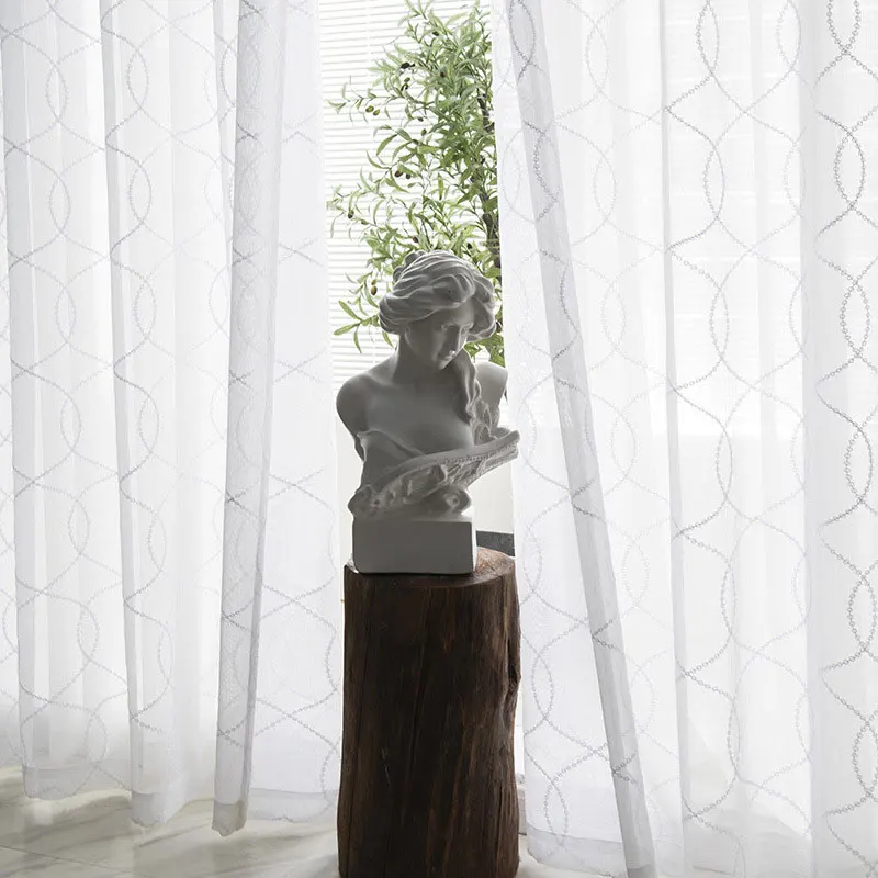 White Embroidery Tulle Curtains for Living Room Modern Geometry Curve Sheer Voile Curtain Bedroom Blind Drape Door Custom | Дом и сад