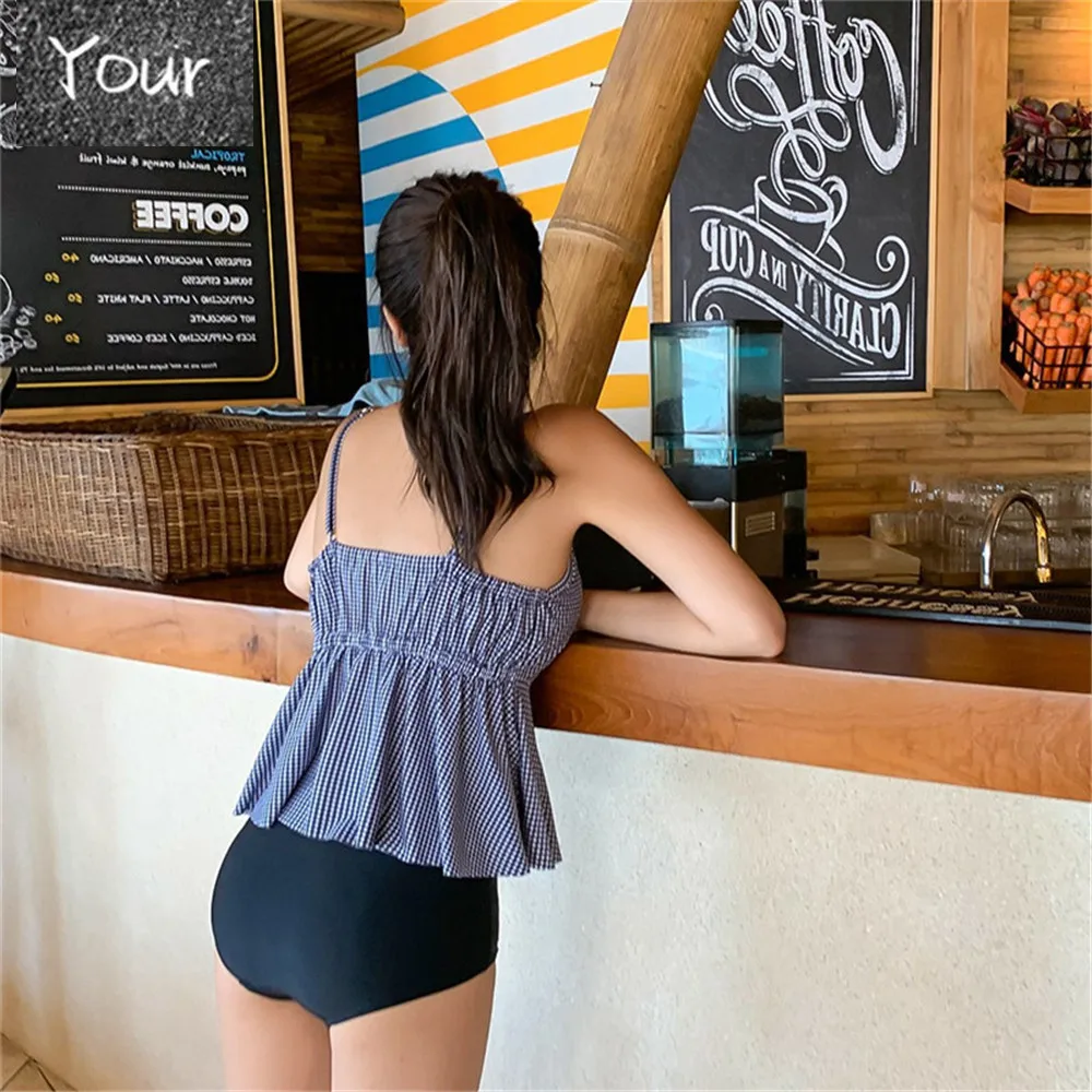 Ruffle Bikini Women Plaid Swimwear High Waist Biquini Push Up Swimsuit Bow Bikinis Modest Sweety Bathing Suit Korea Style Beach