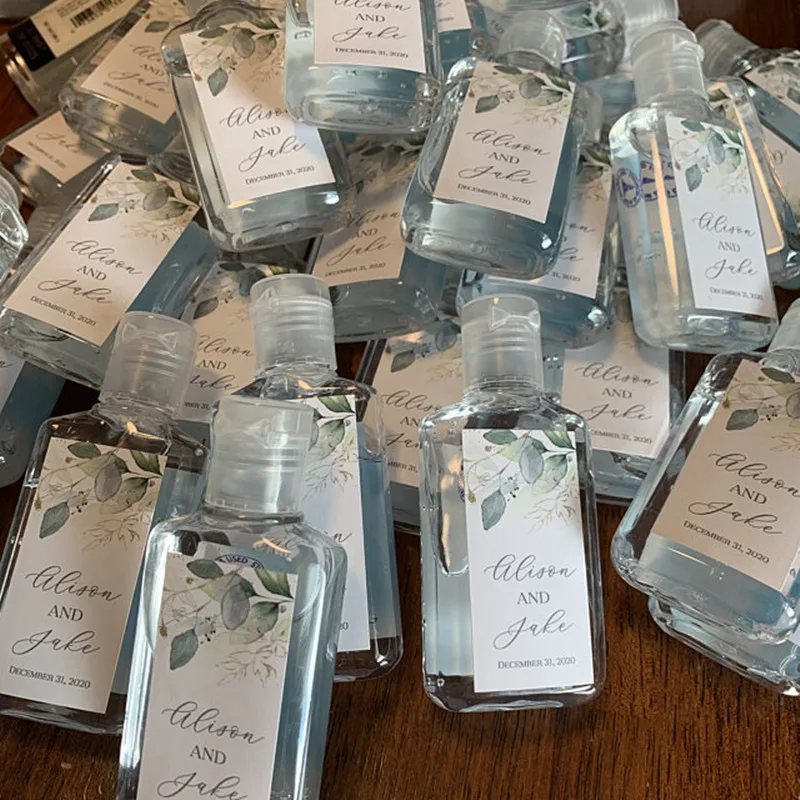 

Personalized Green Leaves and Gold Hand Sanitizer Favor Stickers,Printed Green and Gold Botanical Wedding Hand Sanitizer Lables