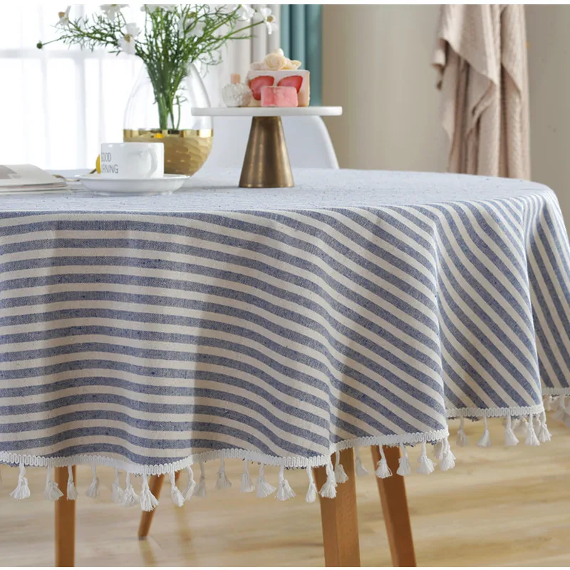 Simple Round Cotton and Linen Striped Tassel Tablecloth Coffee Table Cover Towel Wedding Satin |